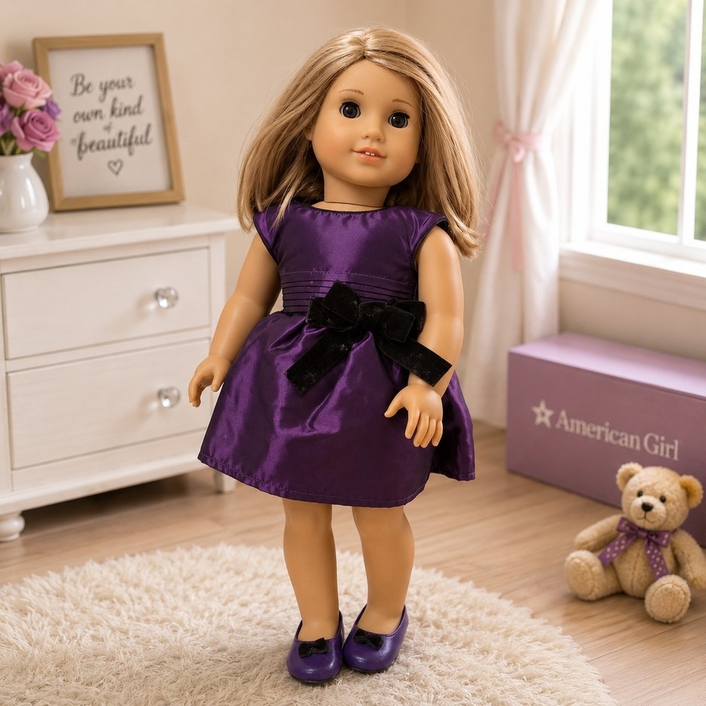 American Girl 18" Doll Blonde Hair Brown Eyes Purple Dress & Shoes EUC‎ 2012